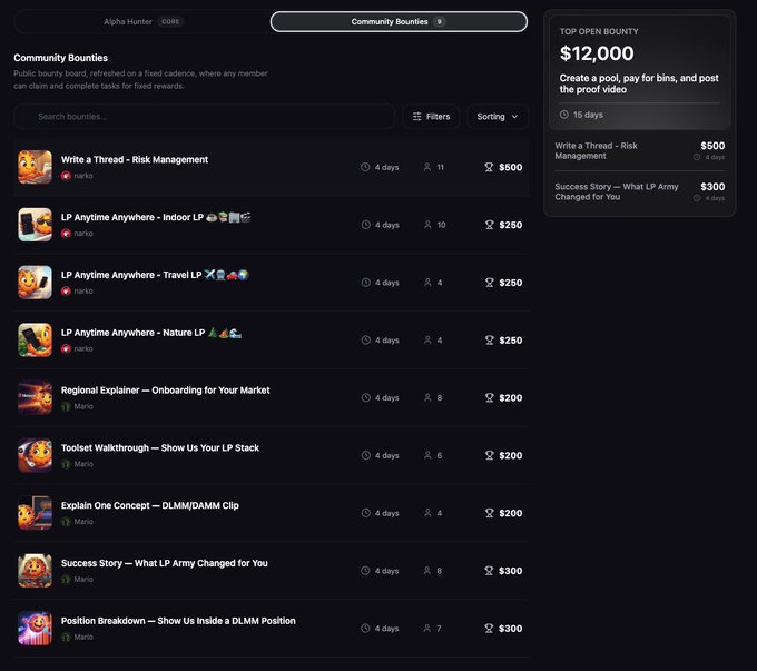 A screenshot of the LP Army community bounties page on lparmy.com displays 9 active bounties with a combined value of $12,000, including tasks like "Write a Thread - Risk Management" ($500), "Success Story — What LP Army Changed for You" ($300), and various LP Anytime Anywhere bounties ($250 each), all closing in 4 days. The interface shows user submissions from Hanko and Mario, with a featured top bounty of $12,000 for creating a Meteora AG pool video, directly matching the post's call to action for community members to claim these rewards.