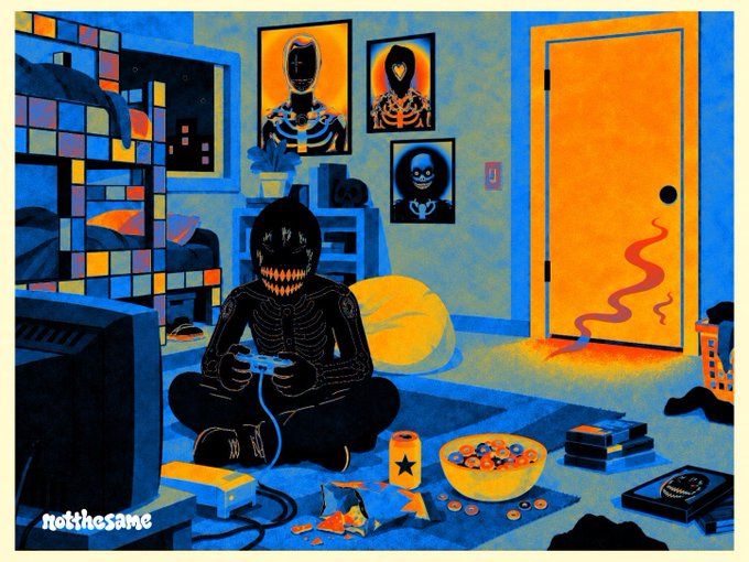A colorful, stylized illustration signed 'notthesame' depicts a black skeleton figure playing video games in a blue and orange bedroom, with skeletal posters on the walls and a glowing orange door.