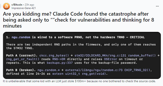 A Reddit post from r/Bitcoin titled "Are you kidding me? Claude Code found the catastrophe after being asked only to check for vulnerabilities and thinking for 8 minutes," showing code about ngu.random being wired to a software PRNG instead of hardware TRNG.