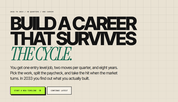 The image shows a webpage header for a "Web3 Career Simulator" with bold black text reading "BUILD A CAREER THAT SURVIVES THE CYCLE" (with "THE CYCLE" in green), above smaller text explaining the game's premise: "2026 TO 2033 / 36 QUARTERS / ONE CAREER" and "You get one entry level job, two moves per quarter, and eight years. Pick the work, split the paycheck, and take the hit when the market turns. In 2033 you find out what you actually built." Two buttons appear below: a green "START A NEW TIMELINE" button and a "CONTINUE LATEST" button, all set on a beige grid background, serving as the landing screen for the simulator game at w3match.com.