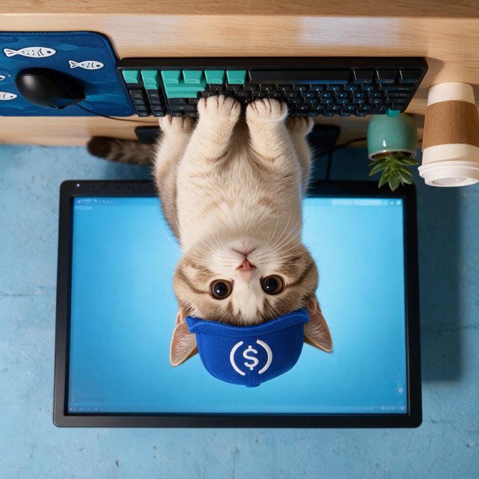 A cat wearing a blue cap with a "S" symbol (representing $USDC) hangs upside down from a keyboard, perfectly illustrating the post's "Everything is going upside down" sentiment about the USDC token address.
