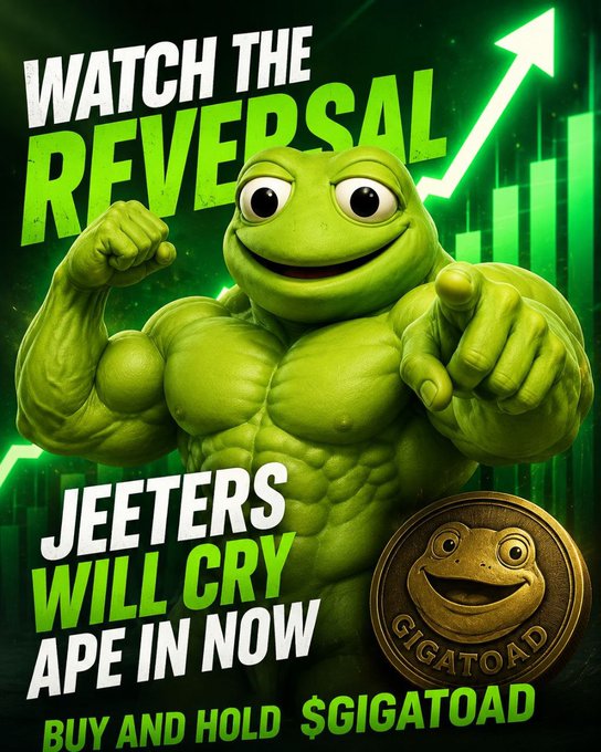The image is a meme-style promotional graphic featuring a muscular Pepe the Frog flexing against a green stock chart background, with bold text reading "WATCH THE REVERSAL" and "JEETERS WILL CRY APE IN NOW," along with a gold "GIGATOAD" coin and the call-to-action "BUY AND HOLD $GIGATOAD." The accompanying contract address post likely references the specific Solana memecoin $GIGATOAD being promoted, with the meme urging holders ("apes") to buy in and anticipating a price reversal that will upset critics ("jeeters").