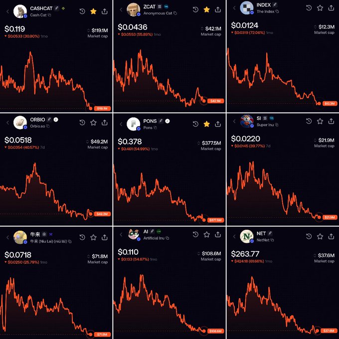 A 3x3 grid of cryptocurrency price charts on a dark background, displaying 1-month performance for cat-themed meme coins including CASHCAT ($0.119, -30.90%), ZCAT ($0.0436, -55.81%), INDEX ($0.0124, -72.06%), ORBIO ($0.0518, -40.57%), PONS ($0.378, -34.99%), SI ($0.0220, -20.77%), Niu Lai ($0.0718, -25.79%), AI ($0.110, -54.87%), and NET ($263.77, -616.06%).