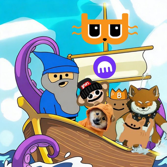 An animated illustration of various cartoon characters including a gray wizard, doge meme, a Shiba Inu dog, and other figures on a pirate ship with a Kraken-style logo flag.