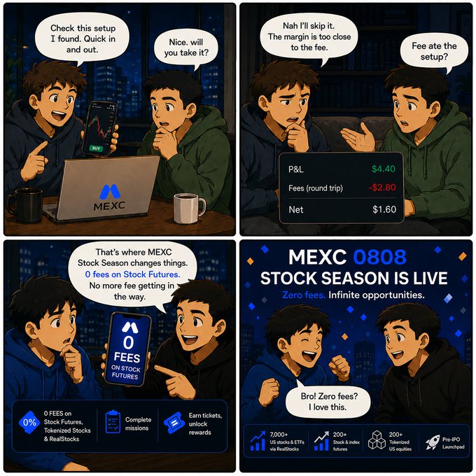 A four-panel MEXC 0808 Stock Season promotional comic shows two friends discussing a trade setup with a $4.40 P&L and $2.80 round-trip fees yielding only $1.60 net, before learning that MEXC's Stock Season offers 0 fees on Stock Futures alongside 7,000+ US stocks & ETFs and 200+ tokenized US equities, directly addressing the small-trade fee problem mentioned in the post.