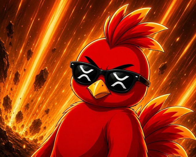 An illustration of a red Angry Birds character wearing sunglasses with X-shaped pupils, set against a fiery, meteor-strewn background.