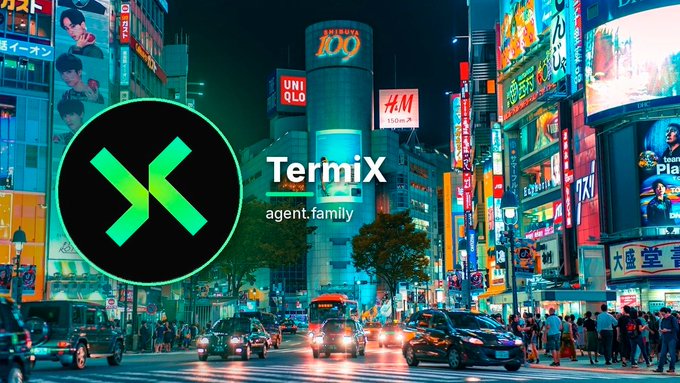 A promotional graphic for 'TermiX agent.family' featuring a black and green X logo over a vibrant Tokyo cityscape with neon signs including UNIQLO and H&M.
