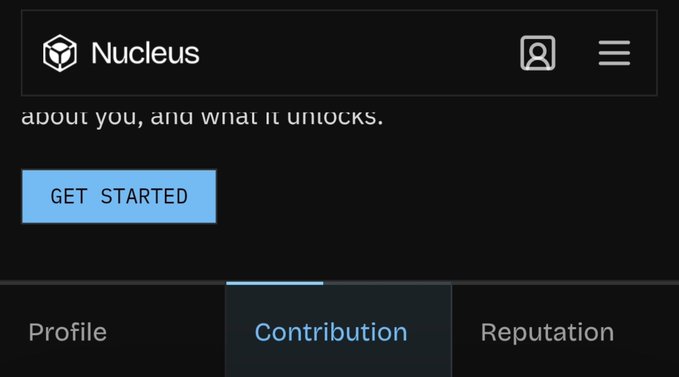 Screenshot of the Nucleus app interface showing tabs for Profile, Contribution, and Reputation, with a blue "GET STARTED" button.