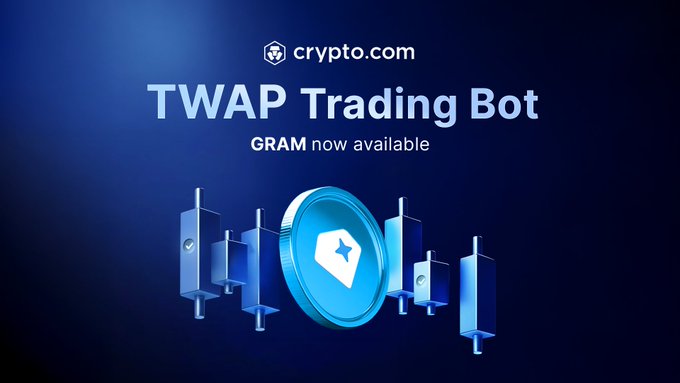 Crypto.com's TWAP Trading Bot banner announcing that $GRAM is now available among 200+ coins, visually represented by a central Crypto.com coin surrounded by candlestick chart figures against a dark blue background, symbolizing the bot's function of splitting large trades into smaller orders to reduce slippage.