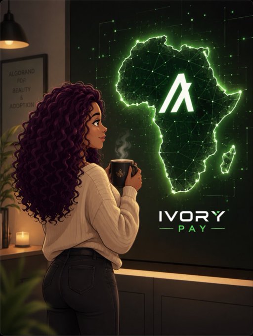 A digital illustration of a woman with curly purple hair holding a mug, looking at a glowing green map of Africa with the Algorand logo, branded as 'IVORY PAY' with text reading 'ALGORAND FOR BEAUTY & ADOPTION'.
