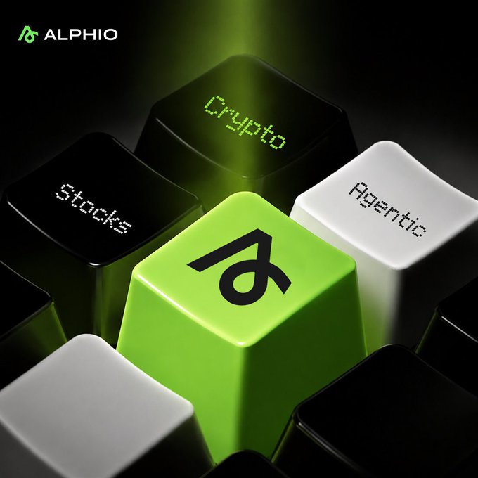 A close-up of green and black keyboard keycaps featuring the Alphio logo, with keys labeled 'Stocks,' 'Crypto,' and 'Agentic,' suggesting investment categories.
