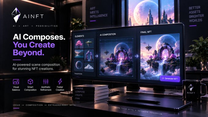 A promotional graphic for 'AINFT' with the tagline 'AI Composes. You Create Beyond.' showcasing an AI-powered NFT creation interface with elements, AI composition, and final NFT panels featuring a fantasy moonlit scene.