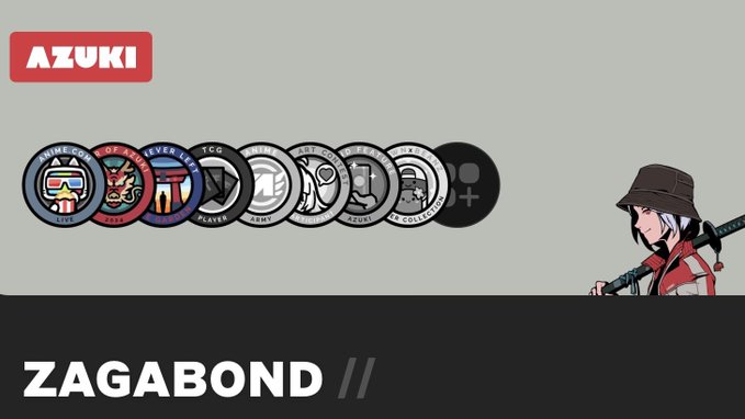 An image from the Azuki NFT project showing a lineup of token icons with the username 'ZAGABOND //' and a character illustration on the right.