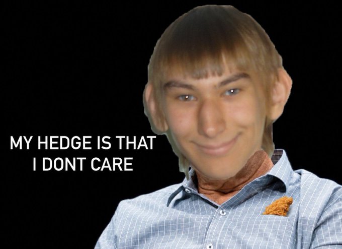 A man with a distorted, stretched face and a toothy smile smiles against a black background, wearing a blue plaid shirt with an orange pocket square, accompanied by the white text 'MY HEDGE IS THAT I DONT CARE'.