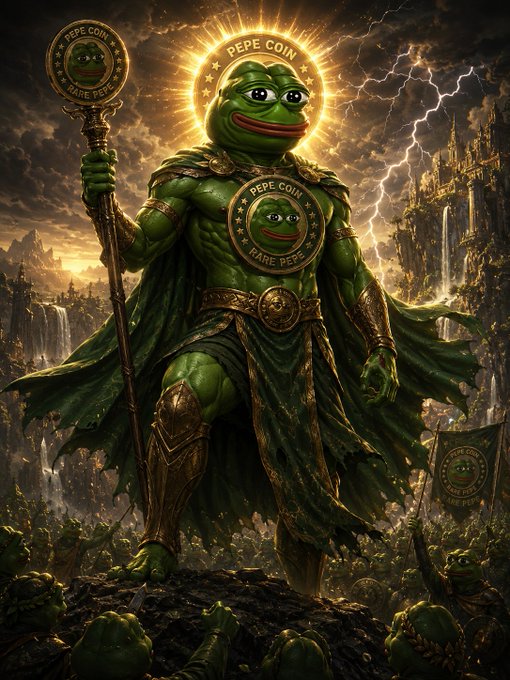 A divine fantasy illustration of a Pepe the Frog deity in golden armor, holding a staff topped with "PEPE COIN" and a halo reading "PEPE COIN RARE PEPE," standing over a battlefield with an army of smaller Pepe figures.