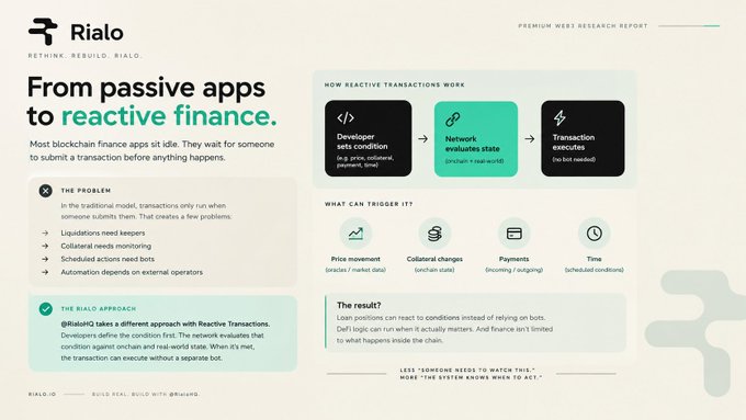 A Rialo web research report titled 'From passive apps to reactive finance' explains how Reactive Transactions allow blockchain apps to execute based on network conditions rather than user submissions.
