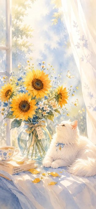 A soft, watercolor-style illustration shows a white cat gazing at a vase of sunflowers on a windowsill beside a teacup.