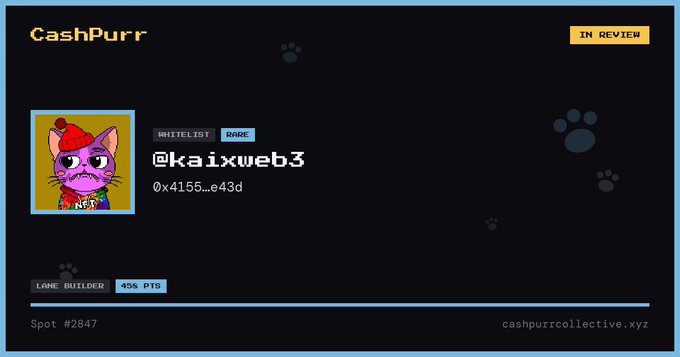 CashPurr NFT profile page showing a pixel art cat with a red hat and sunglasses, username @kaixweb3, tagged as WHITELIST, RARE, LANE BUILDER, with 456 PTS, Spot #2847, and 'IN REVIEW' status.