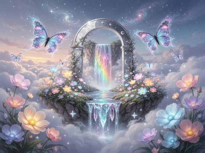 The image features a painting of a waterfall surrounded by flowers, with two butterflies flying around it. The scene takes place under a starry sky, creating an enchanting atmosphere. The artwork appears to be a digital illustration or painting that captures the beauty of nature and the magic of the night sky.