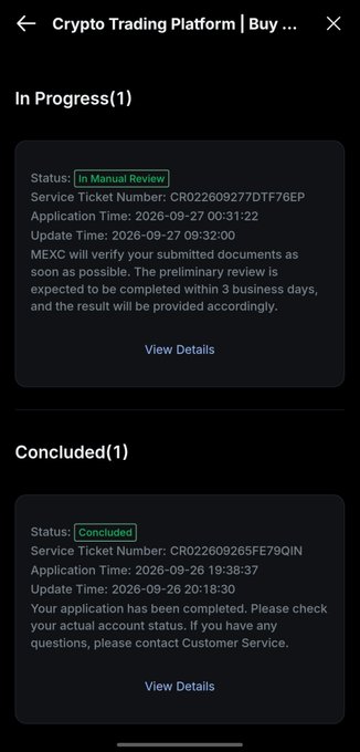 A mobile screenshot from a Crypto Trading Platform showing an 'In Progress' service ticket (CR022609277DTF76EP) in 'In Manual Review' status and a 'Concluded' ticket (CR022609265FE79QIN) marked as 'Concluded'.