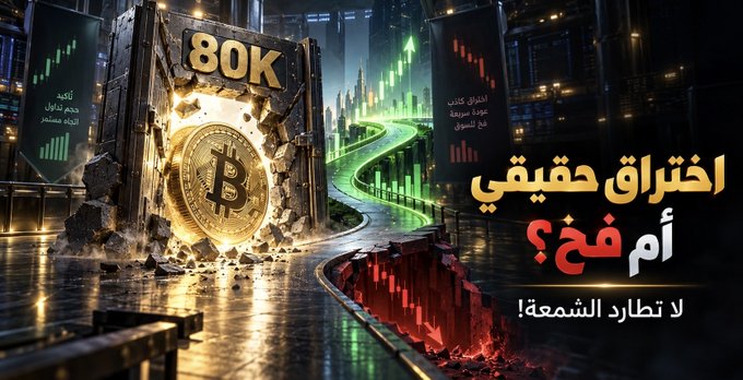 A digital graphic displays a glowing Bitcoin breaking through a wall labeled "80K", accompanied by Arabic text that translates to questioning a real breakthrough versus not chasing the hype.