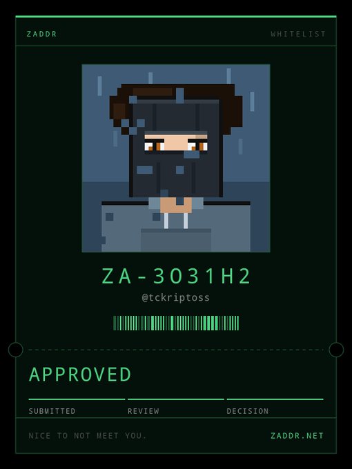 A digital 'whitelist' approval card from ZADDR.NET featuring a pixel art character, labeled 'ZA-3031H2' with the handle '@tckriptosss' and marked 'APPROVED'.