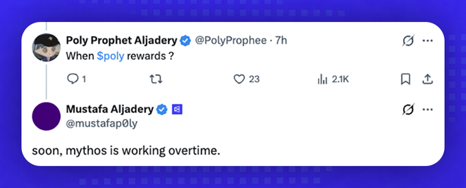 The image shows a social media post with a blue background, featuring two Twitter users named @PolyProte and @Mustafa Alajery. The post contains text that reads "When $POLY rewards? Still says ?". This message seems to be related to the ongoing discussion about Polymarket tokens on Twitter. The post also includes a question asking if the followers have checked out the new post, which is directed at @PolyProte and @Mustafa Alajery.
