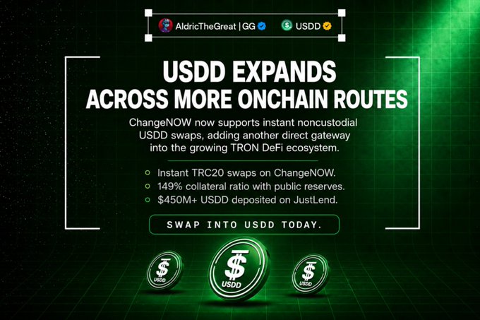A promotional graphic from AldricTheGreat announcing that USDD has expanded to ChangeNOW with instant TRC20 swaps on ChangeNOW, featuring a 149% collateral ratio with public reserves and $450M+ USDD deposited on JustLend, encouraging users to 'SWAP INTO USDD TODAY.'