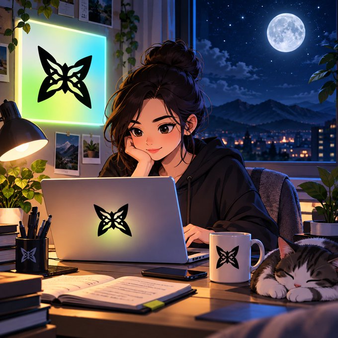 Anime-style illustration of a young woman with dark hair working on a laptop at a desk at night, with a sleeping cat, a mug, books, and a glowing neon butterfly logo on the wall.