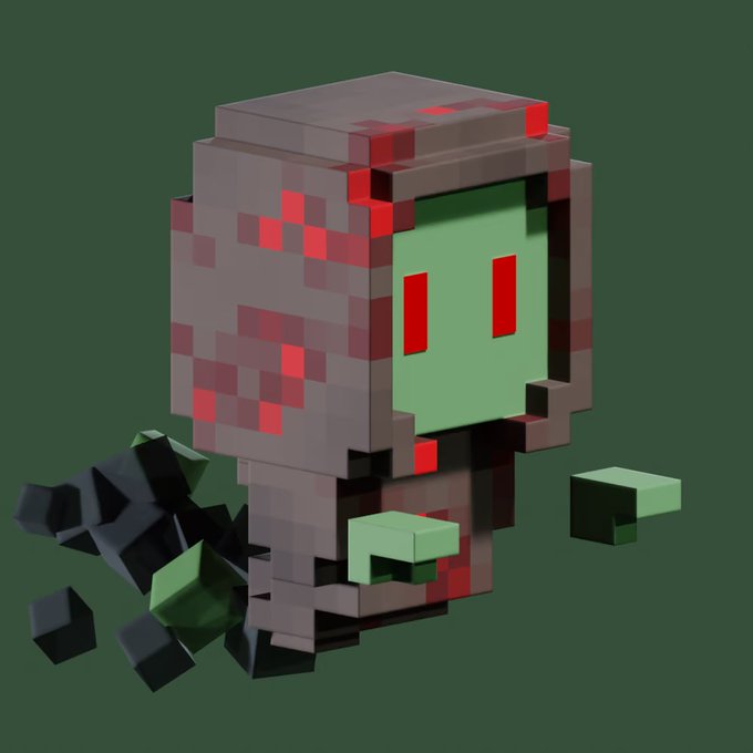 A blocky, 3D voxel-style character features a green face with red eyes, a brown body with red pixelated details, and dark geometric shapes scattered around its base against a dark green background.