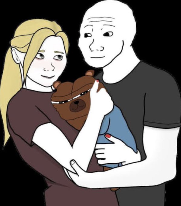 The image is a Wojak-style meme showing a blonde woman lovingly holding a brown teddy bear while embracing a bald Wojak figure, with her red-painted nails and gentle smile suggesting affection. It relates to the "$BOBO market cap" post by symbolizing the tender, sentimental attachment holders feel toward their beloved meme coin, treating it like a cherished companion rather than just an investment.
