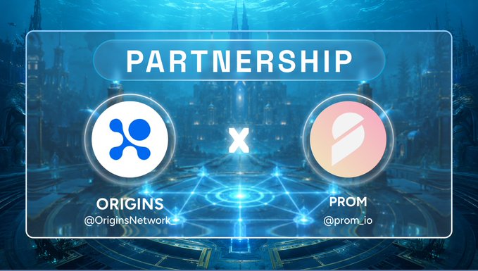 A partnership announcement graphic showing a blue fantasy city background with logos for Origins (@OriginsNetwork) and PROM (@prom_io) separated by an X.