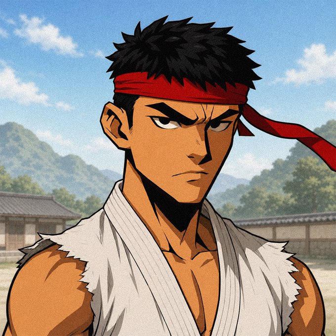 Anime-style illustration of a serious-looking martial artist character with spiky black hair, wearing a red headband and a torn white gi, set against a backdrop of a traditional village and mountains.
