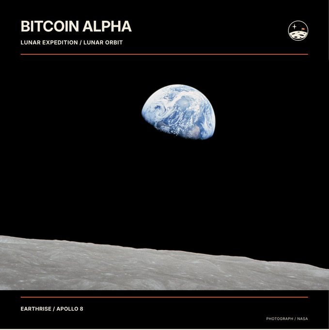 The "Bitcoin Alpha" graphic (from BitcoinAlpha.org) features NASA's iconic Apollo 8 "Earthrise" photograph, showing Earth rising above the lunar horizon, symbolizing a new frontier—much like the anticipated bull market for Bitcoin. The caption "Get ready for the Bull Market" frames this as a call to embrace the next era of financial exploration.