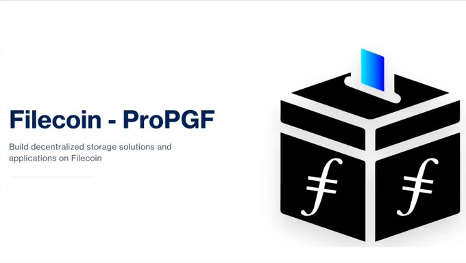 The image displays a square advertisement for Filecoin ProPGF, which has been tagged as "filpgf" by another source. The central focus of the advertisement is an open Box containing digital currency. This Box contains a small blue object on top that appears to be a button or a lock. The caption under the image reads, "Batch 3: $2M in milestone-based funding for core infrastructure maintenance and pod-supporting work across Web3 builders and Web2 object storage verticals. Applications open May 11 at filpgf[.]io." This description connects the promotion to the actual product being advertised.