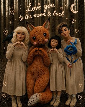 A whimsical fairytale-style illustration features four figures in cream dresses and a knitted orange fox in a moonlit forest, accompanied by the text "Love you to the moon & back." This dreamy artwork celebrates the sold-out collaboration "The Love We Overlooked" (ED 20/20), reflecting the heartfelt and enchanting theme of the 20-edition release.