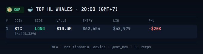 A trading interface showing 'TOP HL WHALES · 20:00 (GMT+7)' with a BTC LONG position valued at $10.3M, showing a -$20K PNL with the disclaimer 'NFA · not financial advice'.