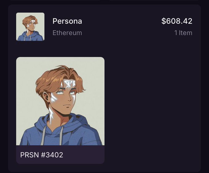 An NFT marketplace listing shows an anime-style character named 'Persona' on the Ethereum network for $608.42. The artwork features a young man with brown hair, glowing white eyes, and white markings, wearing a blue hoodie, with the token ID 'PRSN #3402' displayed.