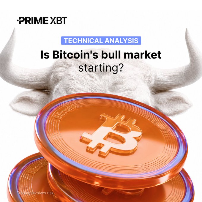 A PrimeXBT promotional graphic titled 'TECHNICAL ANALYSIS: Is Bitcoin's bull market starting?' featuring a white bull behind stacked Bitcoin coins.