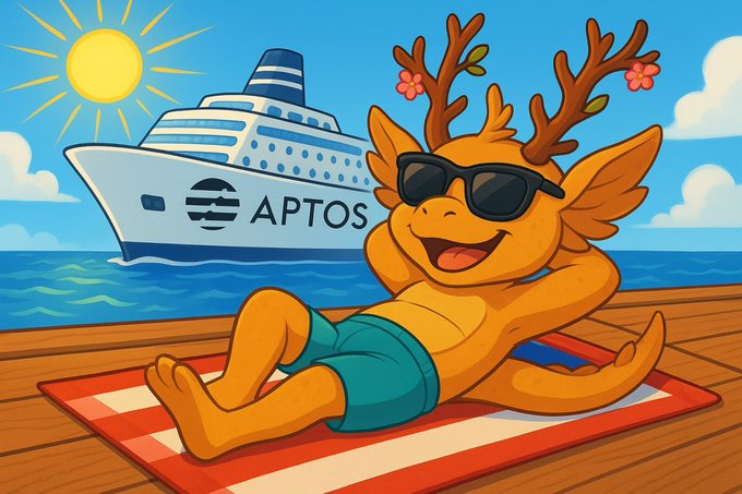 A cheerful cartoon dragon with flower-adorned antlers lounges in sunglasses and swim trunks on a beach towel, with a cruise ship labeled "APTOS" sailing in the sunny ocean behind it—evoking a relaxed, vacation vibe fitting the "Gm Stakers" greeting for the Aptos crypto community.
