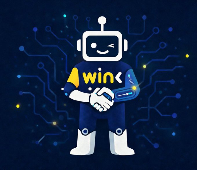 A winking robot mascot wearing a jersey labeled "wink" stands against a dark, tech-inspired background of circuit lines, symbolizing the AI-driven data feeds that power smart contract decision-making.
