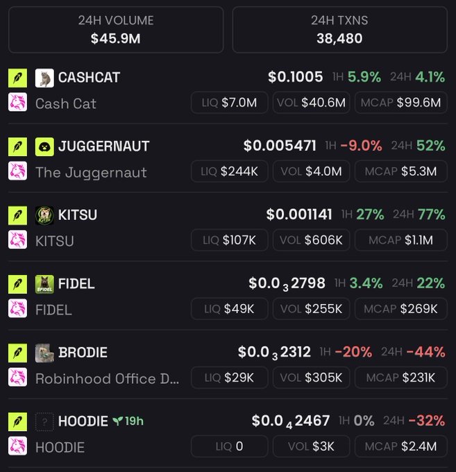 A cryptocurrency tracking dashboard displays 24-hour trading statistics with $45.9M volume and 38,480 transactions across meme tokens including CASHCAT ($0.1005, +5.9% 1H), JUGGERNAUT ($0.005471, -9.0% 1H), KITSU ($0.001141, +27% 1H), FIDEL ($0.0032798, +3.4% 1H), BRODIE ($0.0032312, -20% 1H), and HOODIE ($0.0042467, 0% 1H), showing the price action of the poster's three favorite picks: $CASHCAT, $juggernaut, and $hoodie, along with their other holdings.