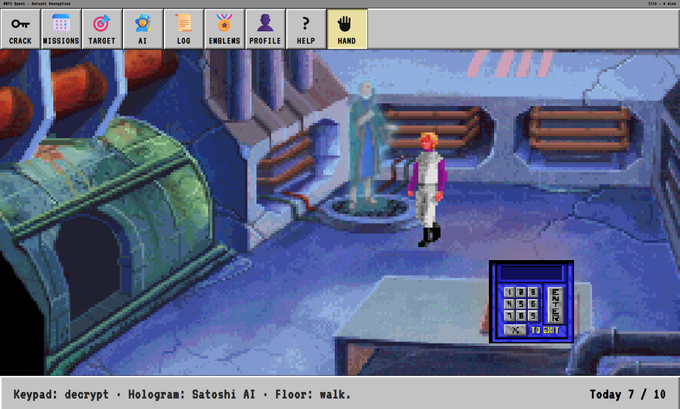 A screenshot from a retro point-and-click adventure game showing a character interacting with a hologram of 'Satoshi AI' in a futuristic room, with gameplay text 'Keypad: decrypt' and 'Floor: walk.'