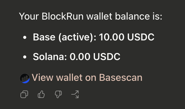 A screenshot of a digital wallet balance showing 'Base (active): 10.00 USDC' and 'Solana: 0.00 USDC' with a link to 'View wallet on Basescan'.