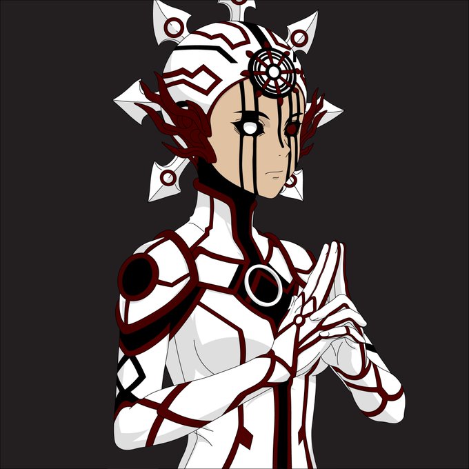 An anime-style illustration of a female character with white blank eyes wearing an ornate white and dark red armored outfit with a spiked halo-like headpiece, hands clasped in a prayer gesture.