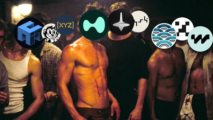 An edited image of shirtless men from the movie 'Fight Club' with various cryptocurrency logos (including Aptos, XYZ, Sui, Ethereum, and others) replacing their faces.