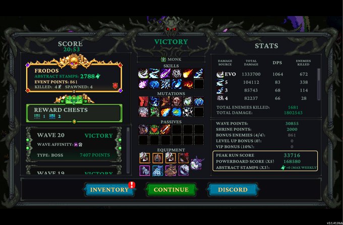 A video game victory screen displaying a score of 20:53 and 2788 event points for "FRODOS," showing wave 20 victory as a boss type, along with stats for Evo, DPS, and reward chests.
