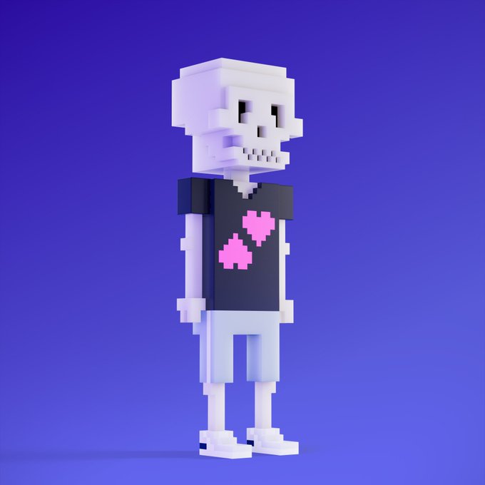 The image features a 3D rendering of a white skull wearing a black shirt, shorts, and pink hearts on its chest. The skull has two pink hearts on either side of its head. The background color is blue with purple lines running through it. The caption reads "Collectors collect. It's awesome to see true connoisseurs fall more and more in love with Meebits."
