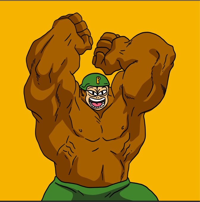 A cartoon illustration of an extremely muscular Pepe the Frog flexing both biceps while wearing a green hat with the letter 'P' and green shorts against a yellow background.