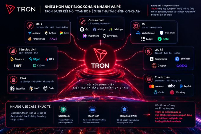 Infographic in Vietnamese about the TRON blockchain ecosystem, highlighting DeFi partners (JustLend, SUNSwap, Curve, PancakeSwap, AAVE), Cross-chain tools, exchanges (Binance, Bitget, HTX, BYBIT, KuCoin), and stablecoin/payment services.